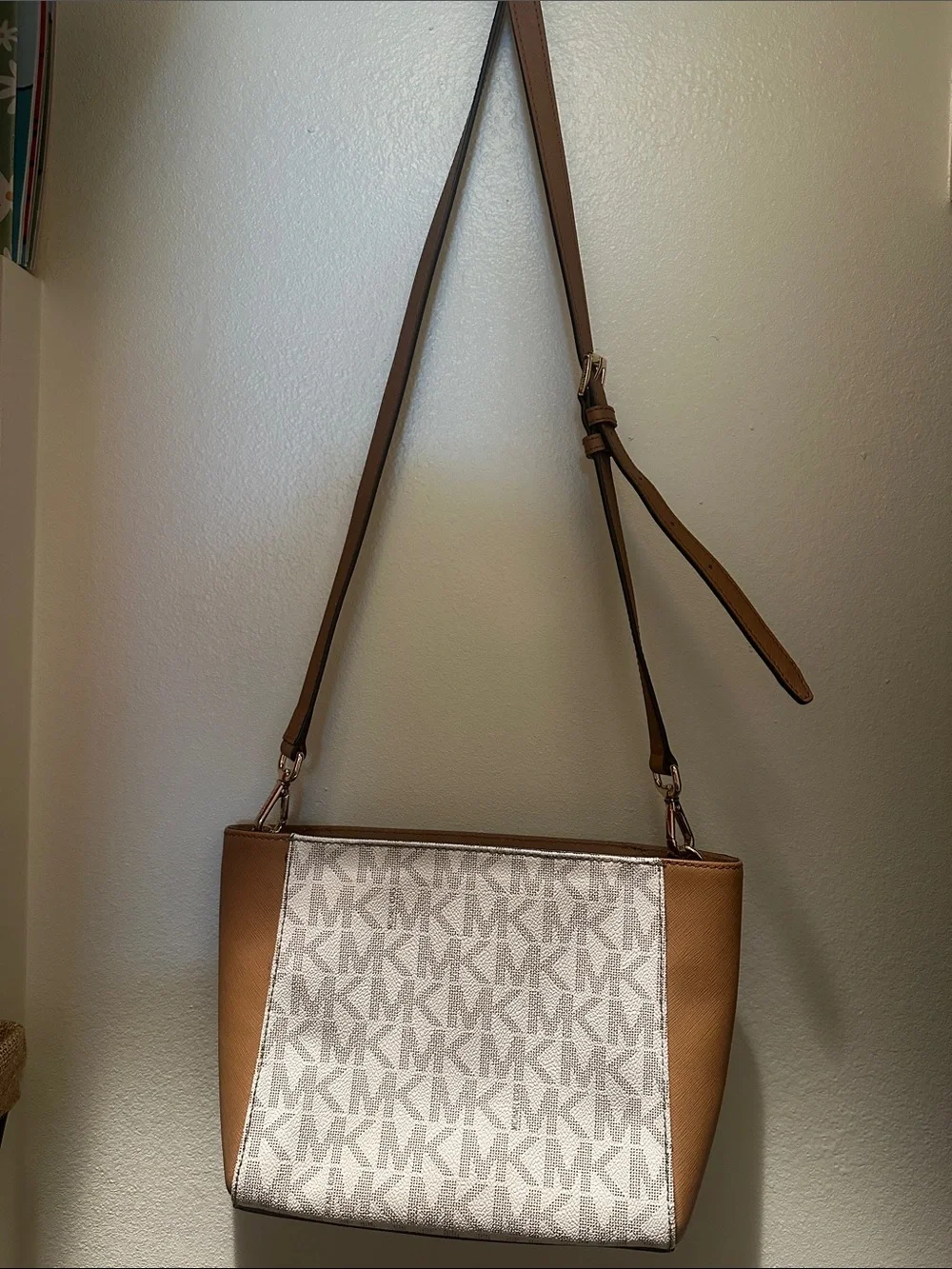Michael Kors Tan and White Logo Crossbody Bag